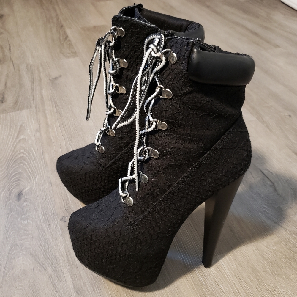 Black lace, lace up platform heels